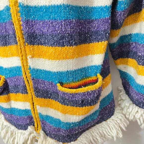 Vintage Incas Arts Crafts Striped Wool Jacket With Fringe Trim & Pockets - Picture 3 of 7